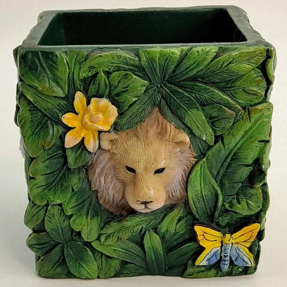 Vtg Kmart Jungle Rainforest Animals Jar/Planter/Bathroom Collection Green Leaves